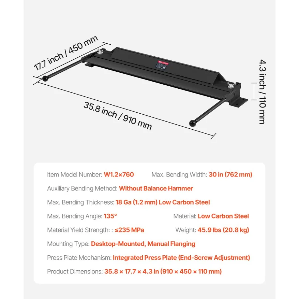 VEVOR Box and Pan Brake, 30 in Sheet Metal Bending Brake, 18-Gauge Capacity, 0-135 Degree Adjustable, Metal Bender Machine, No Wobbling, Heavy-Duty Aluminum Folder for Precise Batch Bending