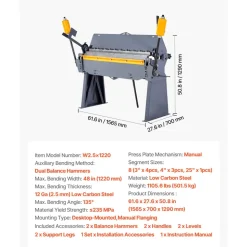 VEVOR Box and Pan Brake, 48 in Sheet Metal Bending Brake, 12-Gauge Mild Steel Capacity, 0-135 Degree Adjustable, Metal Bender Machine with 8 Fingers, Heavy-Duty Aluminum Folder for Precise Bending
