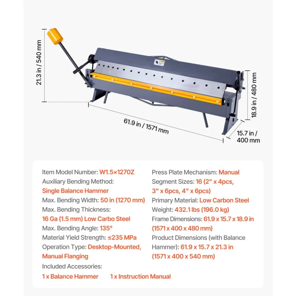 VEVOR Box and Pan Brake, 50 in Sheet Metal Bending Brake,16-Gauge Mild Steel Capacity, 0-135 Degree Adjustable, Metal Bender Machine with 16 Fingers, Heavy-Duty Aluminum Folder for Precise Bending