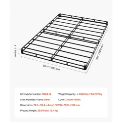 VEVOR Box Spring, Queen Size Bed Frame with Washable Fabric Cloth, Heavy Duty Metal Frame for Queen Bed, 4 in Mattress Foundation, 3500 lbs Max Weight Capacity, Easy Assembly, 79.1 L x 59.4 W x 4 H in
