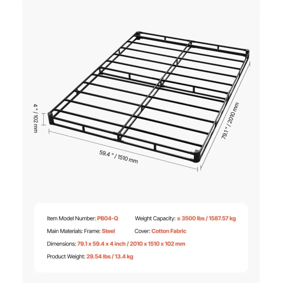 VEVOR Box Spring, Queen Size Bed Frame with Washable Fabric Cloth, Heavy Duty Metal Frame for Queen Bed, 4 in Mattress Foundation, 3500 lbs Max Weight Capacity, Easy Assembly, 79.1 L x 59.4 W x 4 H in