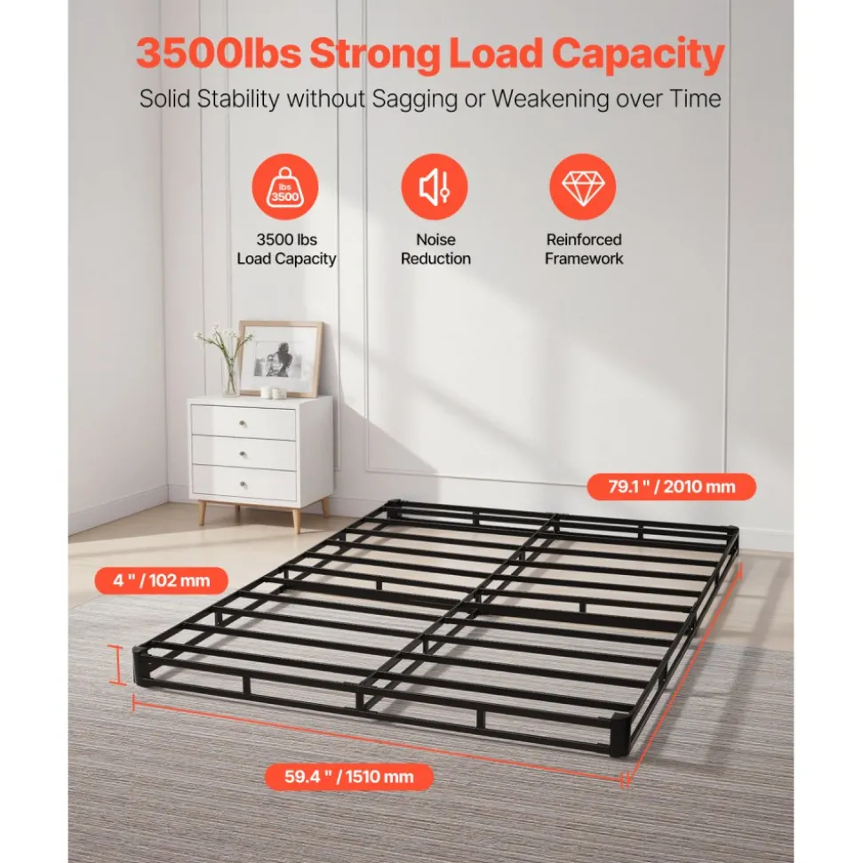 VEVOR Box Spring, Queen Size Bed Frame with Washable Fabric Cloth, Heavy Duty Metal Frame for Queen Bed, 4 in Mattress Foundation, 3500 lbs Max Weight Capacity, Easy Assembly, 79.1 L x 59.4 W x 4 H in
