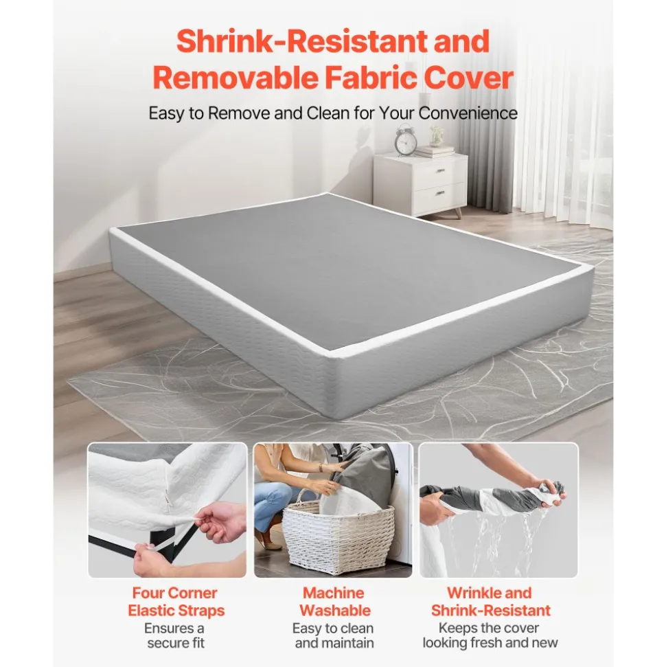 VEVOR Box Spring, Queen Size Bed Frame with Washable Fabric Cloth, Heavy Duty Metal Frame for Queen Bed, 9.1 in Mattress Foundation, 3500 lbs Max Weight Capacity, Easy Assembly, 79.1 x 59.6 x 9.1 in