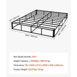 VEVOR Box Spring, Queen Size Bed Frame with Washable Fabric Cloth, Heavy Duty Metal Frame for Queen Bed, 9.1 in Mattress Foundation, 3500 lbs Max Weight Capacity, Easy Assembly, 79.1 x 59.6 x 9.1 in