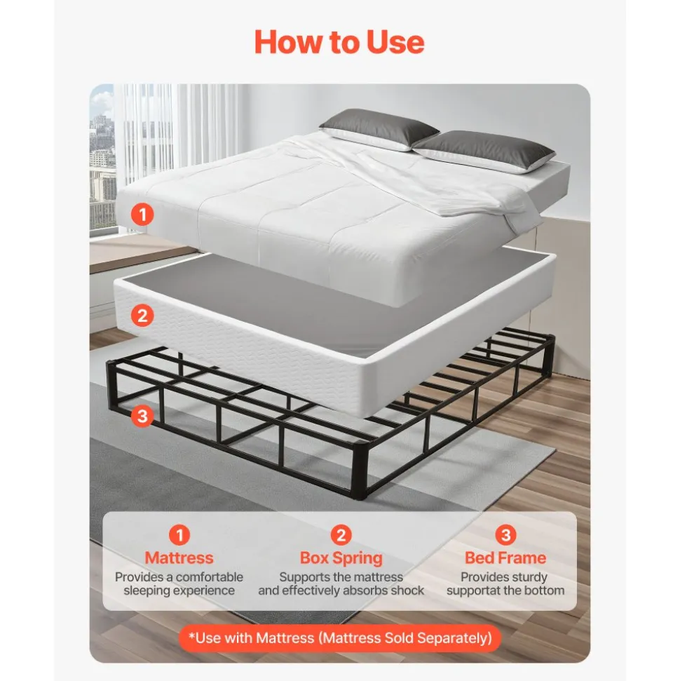 VEVOR Box Spring, Queen Size Bed Frame with Washable Fabric Cloth, Heavy Duty Metal Frame for Queen Bed, 9.1 in Mattress Foundation, 3500 lbs Max Weight Capacity, Easy Assembly, 79.1 x 59.6 x 9.1 in