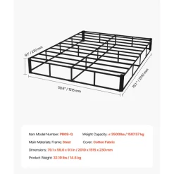 VEVOR Box Spring, Queen Size Bed Frame with Washable Fabric Cloth, Heavy Duty Metal Frame for Queen Bed, 5.1 in Mattress Foundation, 3500 lbs Max Weight Capacity, Easy Assembly, 79.1 x 59.6 x 5.1 in