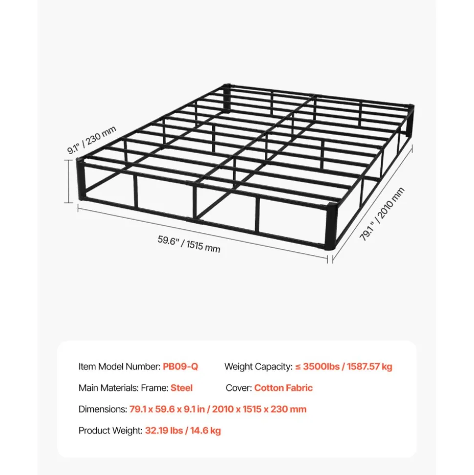 VEVOR Box Spring, Queen Size Bed Frame with Washable Fabric Cloth, Heavy Duty Metal Frame for Queen Bed, 5.1 in Mattress Foundation, 3500 lbs Max Weight Capacity, Easy Assembly, 79.1 x 59.6 x 5.1 in