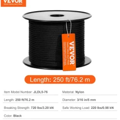 VEVOR Braided Nylon Cord, 3/16 inch by 250 feet, 32-Strand Design, 720 LBS Tensile Strength, Multi-Purpose Black Rope for Outdoor, Tree Work, Hiking, Swinging, and Rescue Operations