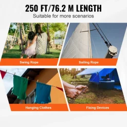 VEVOR Braided Nylon Cord, 3/16 inch by 250 feet, 32-Strand Design, 720 LBS Tensile Strength, Multi-Purpose Black Rope for Outdoor, Tree Work, Hiking, Swinging, and Rescue Operations