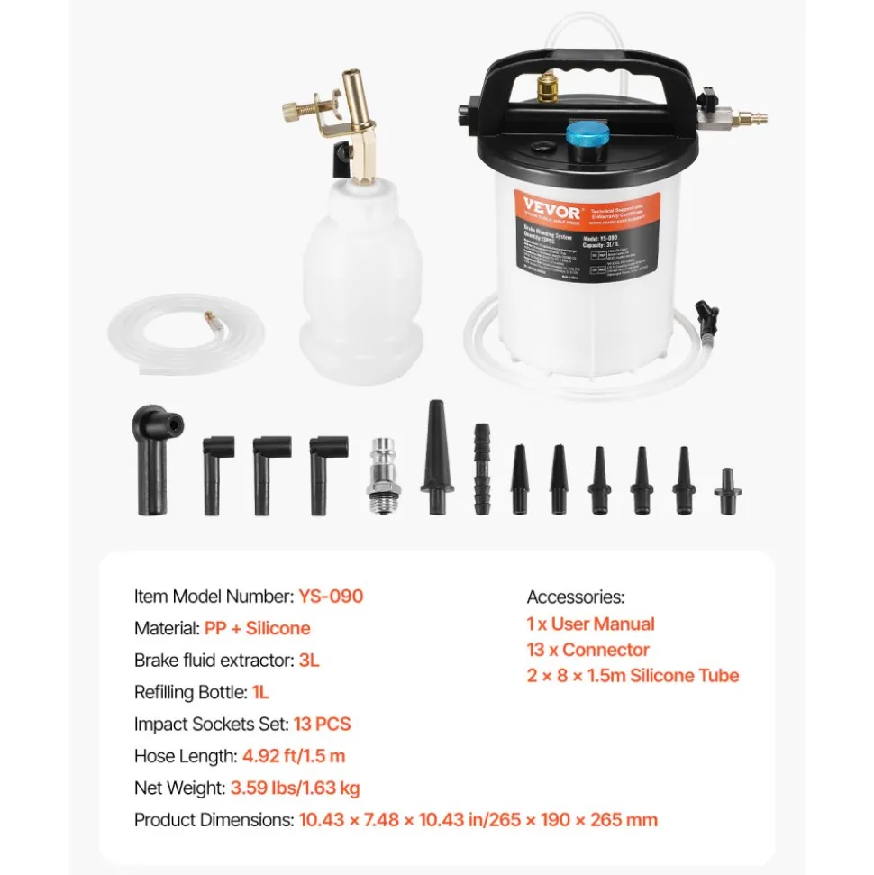 VEVOR Brake Bleeder Kit, 3L Brake Fluid Extractor with 1L Siphon Refilling Bottle & 13 Hose Connectors, Complete Brake Fluid Bleeder Kit with Extended Silicone Hose & Handle, Fit for Most Vehicles
