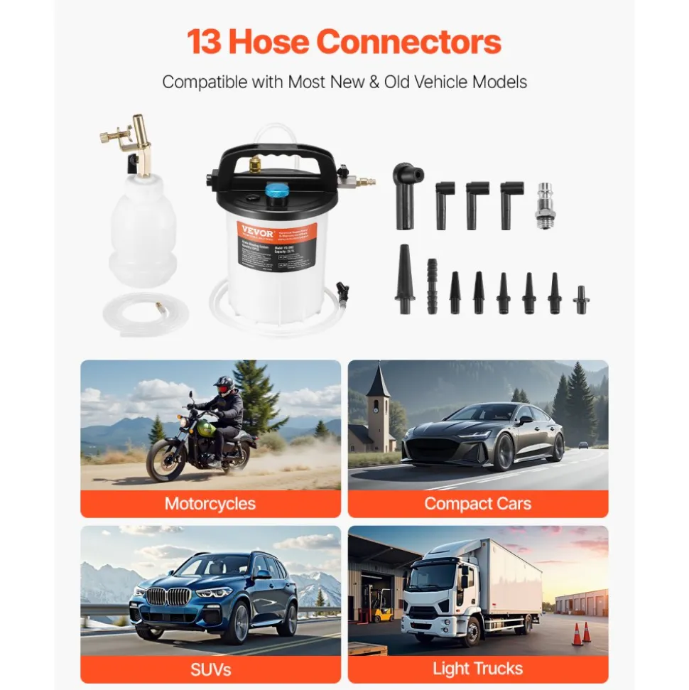 VEVOR Brake Bleeder Kit, 3L Brake Fluid Extractor with 1L Siphon Refilling Bottle & 13 Hose Connectors, Complete Brake Fluid Bleeder Kit with Extended Silicone Hose & Handle, Fit for Most Vehicles