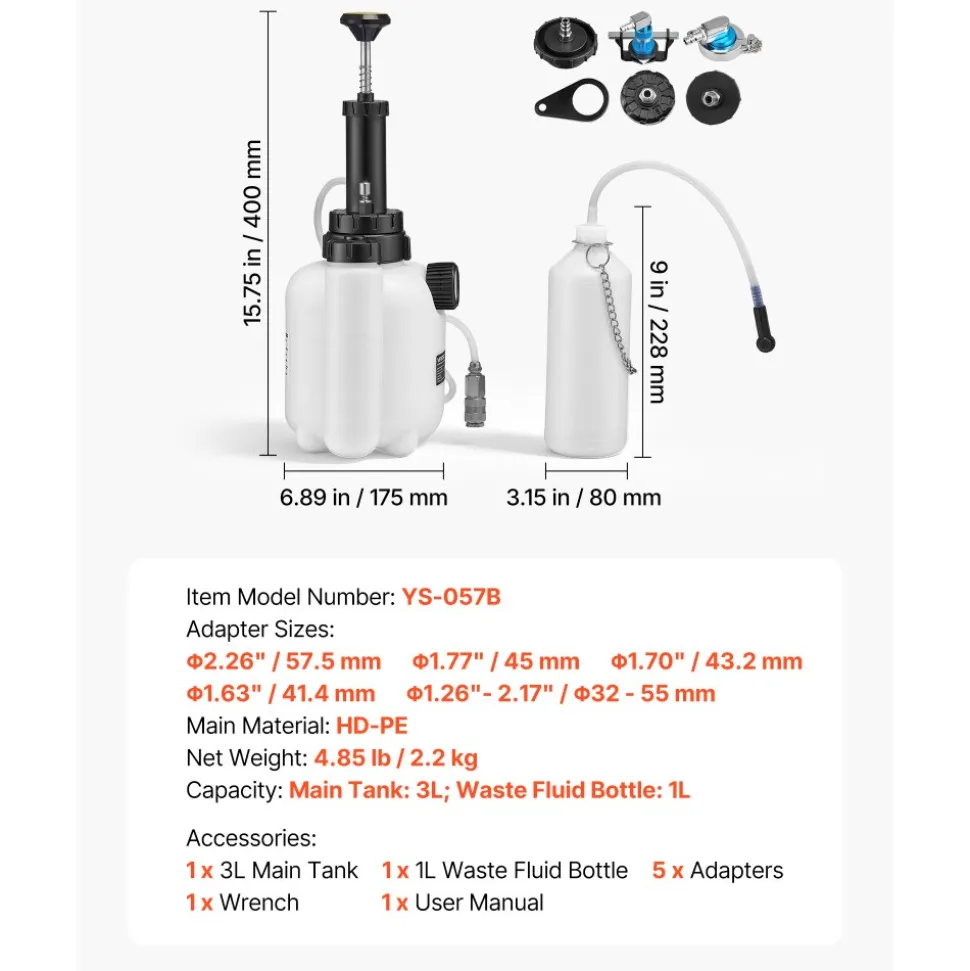 VEVOR Brake Bleeder Kit, 3L Manual Brake Fluid Bleeding Kit with 1L Waste Bottle & 5 Master Cylinder Adapters, One-Person Professional Brake Fluid Pressure Bleeder for Most Vehicles