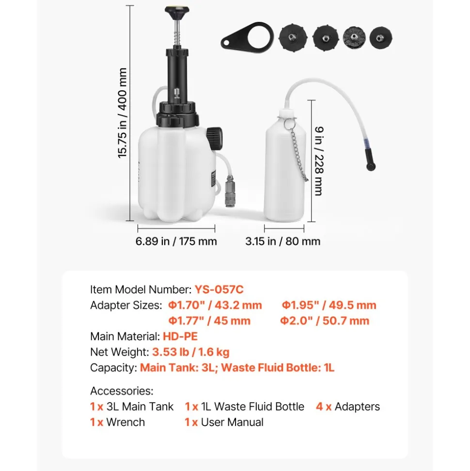VEVOR Brake Bleeder Kit, 3L Manual Brake Fluid Bleeding Kit with 1L Waste Bottle & 4 Master Cylinder Adapters, One-Person Professional Brake Fluid Pressure Bleeder for Most Vehicles