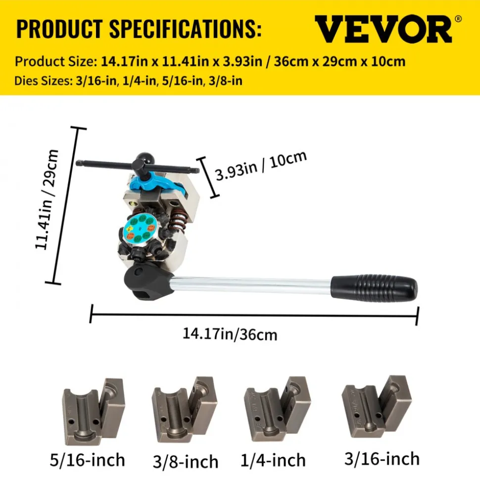 VEVOR Brake Line Flaring Tool, 45 Degree Single, Double, and Bubble Flares for 3/16", 1/4", 5/16" and 3/8" Tube Size, Suitable for Soft Metal of Copper Lines