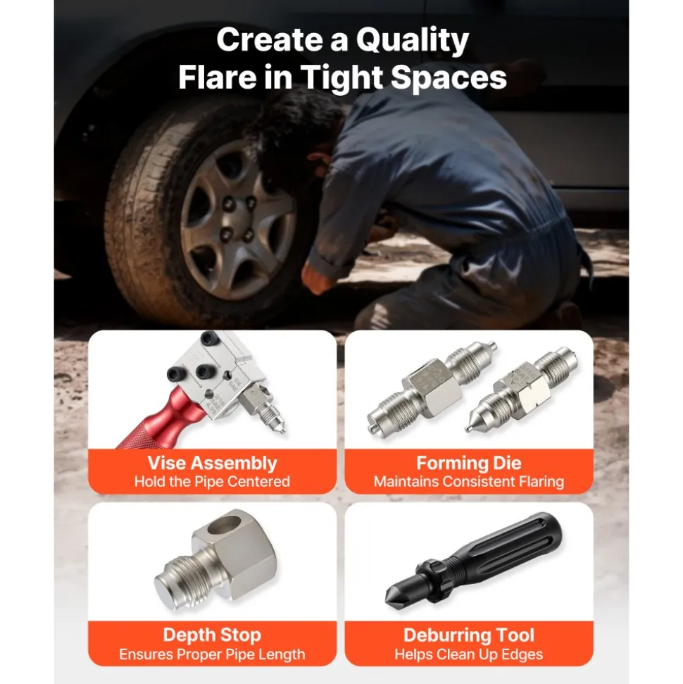 VEVOR Brake Line Flaring Tool Kit, 45° Single & Double Flare Tool for 3/16", 1/4" Copper Tubing - with 2 Forming Dies, Deburring Tool & Toolbox for Automotive Brake Hydraulic Line Repair