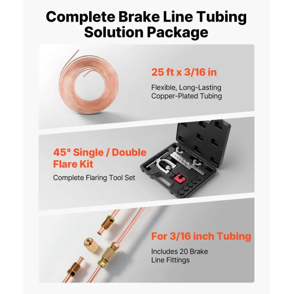 VEVOR 3/16" Brake Line Repair Kit, 45° Double & Single Brake Line Flaring Tool Kit, 25FT Copper Coated Brake Line (with 16 Fittings & 4 Unions) - Tube Cutter, 5 Adapters and Toolbox Included