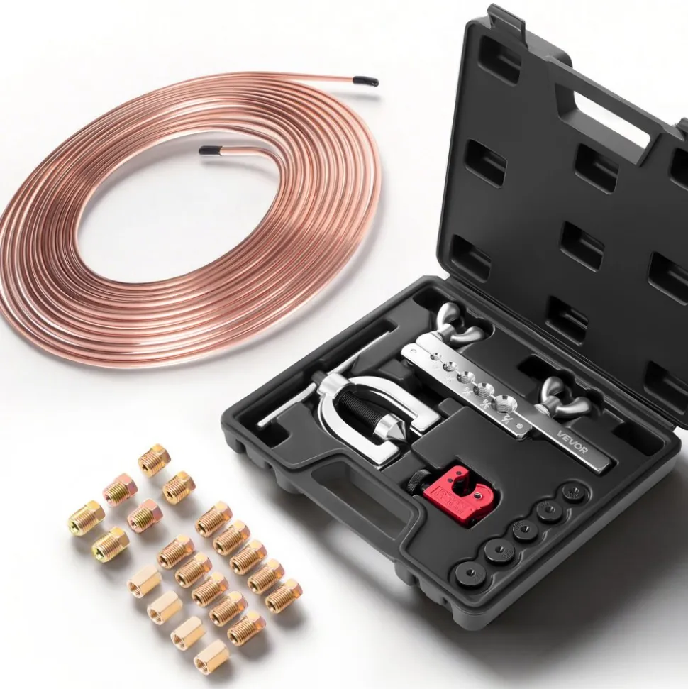 VEVOR 3/16" Brake Line Repair Kit, 45° Double & Single Brake Line Flaring Tool Kit, 25FT Copper Coated Brake Line (with 16 Fittings & 4 Unions) - Tube Cutter, 5 Adapters and Toolbox Included