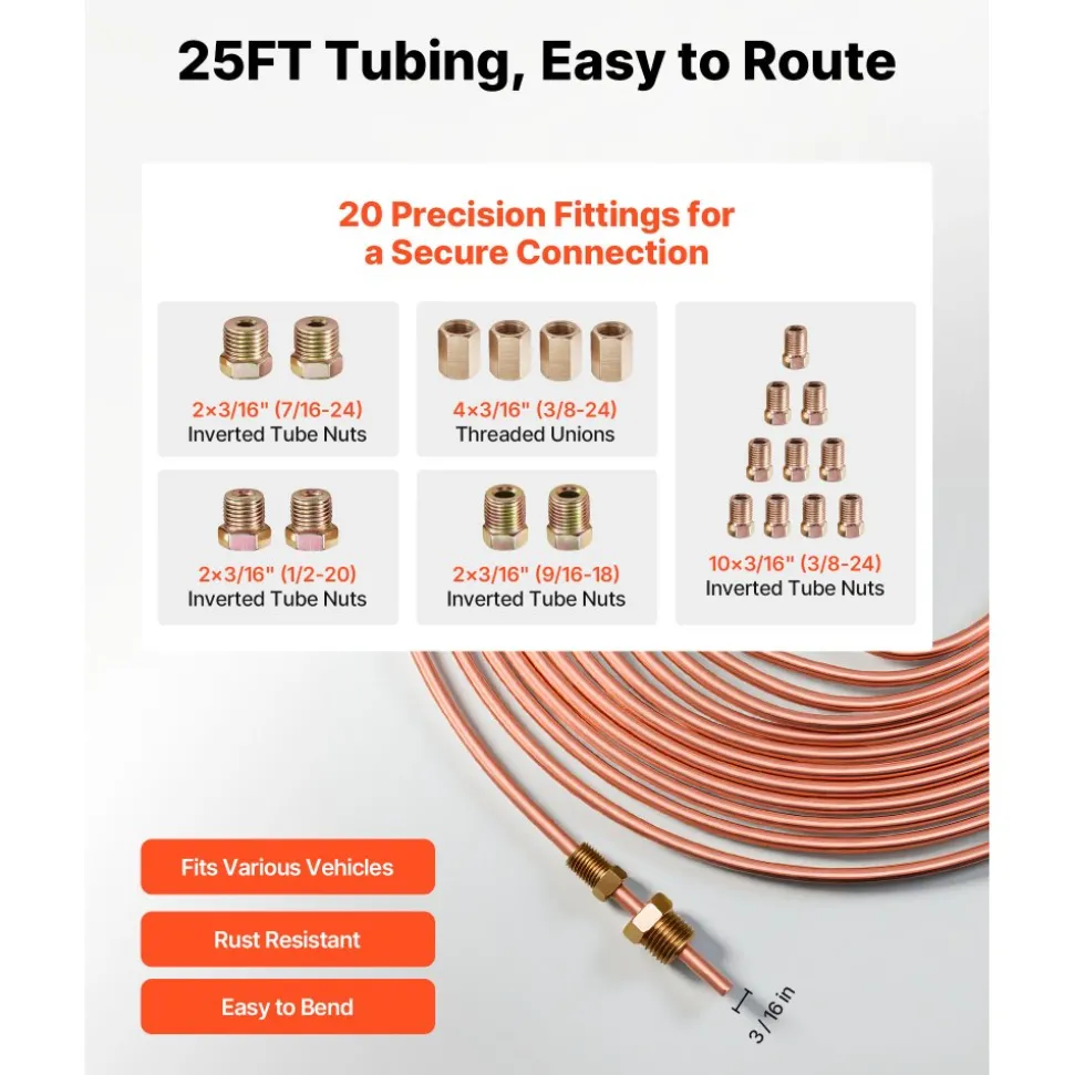 VEVOR 3/16" Brake Line Repair Kit, 45° Double & Single Brake Line Flaring Tool Kit, 25FT Copper Coated Brake Line (with 16 Fittings & 4 Unions) - Tube Cutter, 5 Adapters and Toolbox Included