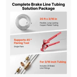 VEVOR 3/16" Brake Line Repair Kit, 45° Single Brake Line Flaring Tool Kit, 25FT Copper-Coated Brake Line with 20 Fittings & 2 Unions, 3-in-1 Tube Bender (1/4", 5/16", 3/8"), Tube Cutter Included