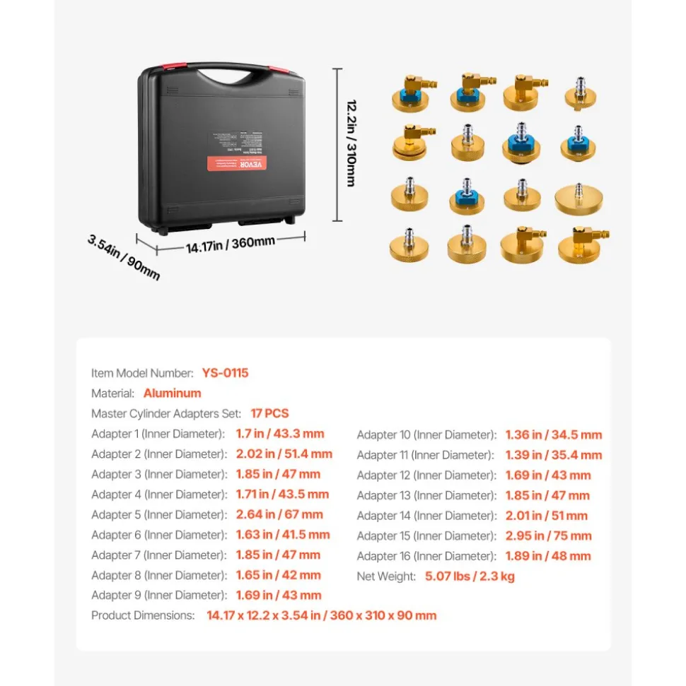 VEVOR Brake Master Bleeder Kit, 17 Pcs, Professional Brake Bleeder Adapter Set with Complete Kit & Handle, Durable Brake Bleeder Adapter for Brake Fluid Filling Fit for Most New & Old Vehicles