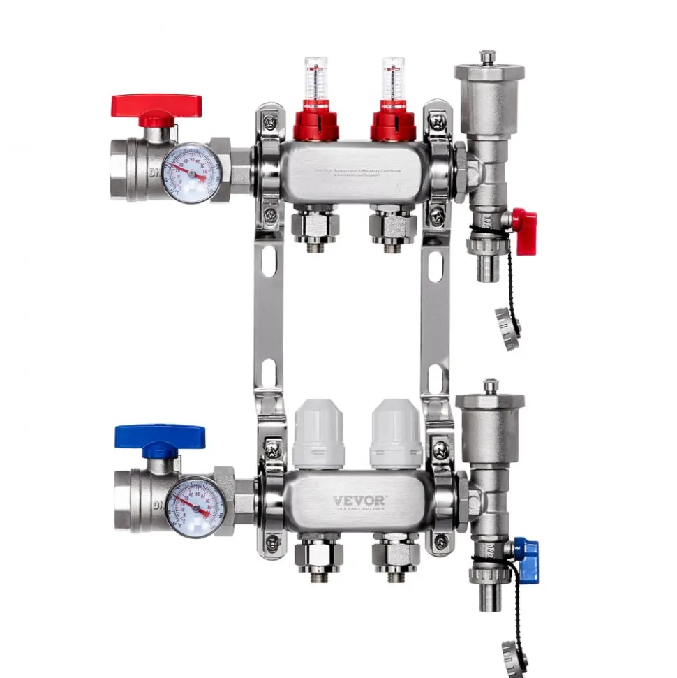 VEVOR 2-Branch Radiant Heat Manifold, 1/2" PEX Tubing Manifold, Stainless Steel PEX Manifold for Hydronic Radiant Floor Heating, Radiant Heat PEX Manifold Kit with 1/2" Adapters Included