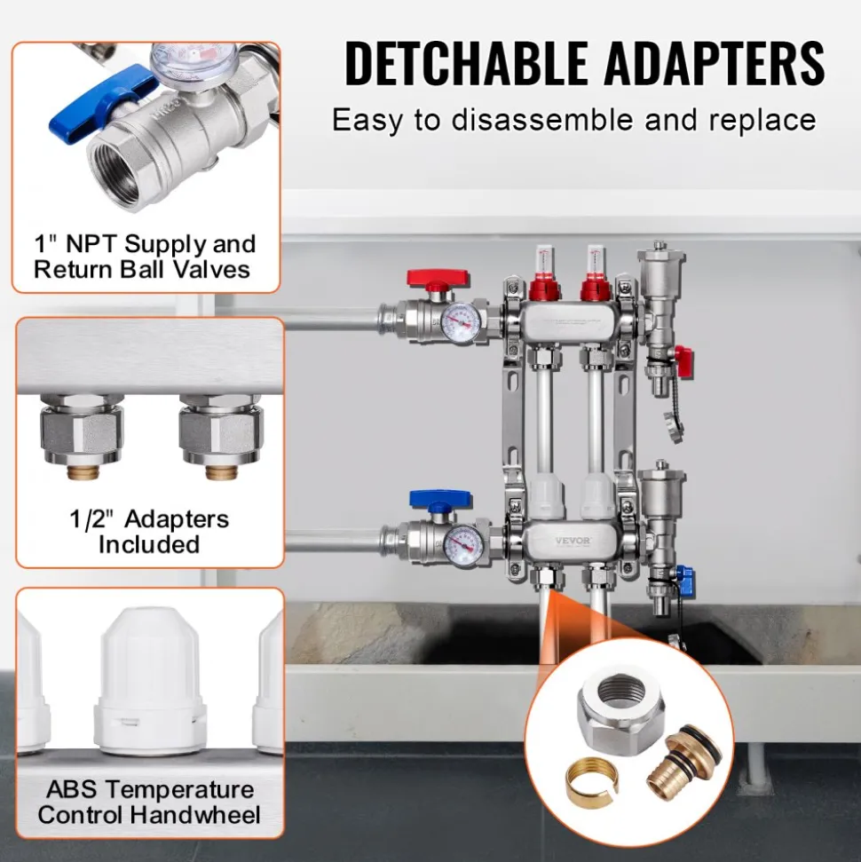 VEVOR 2-Branch Radiant Heat Manifold, 1/2" PEX Tubing Manifold, Stainless Steel PEX Manifold for Hydronic Radiant Floor Heating, Radiant Heat PEX Manifold Kit with 1/2" Adapters Included