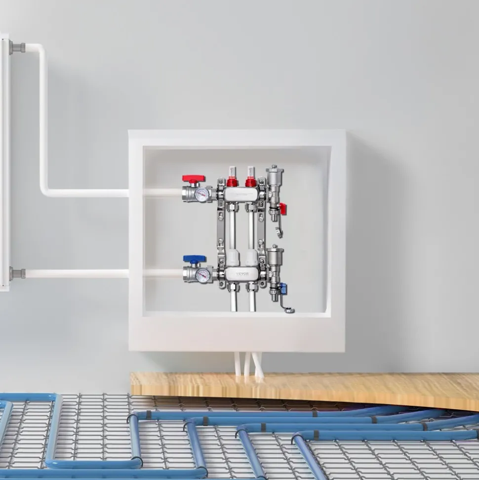 VEVOR 2-Branch Radiant Heat Manifold, 1/2" PEX Tubing Manifold, Stainless Steel PEX Manifold for Hydronic Radiant Floor Heating, Radiant Heat PEX Manifold Kit with 1/2" Adapters Included