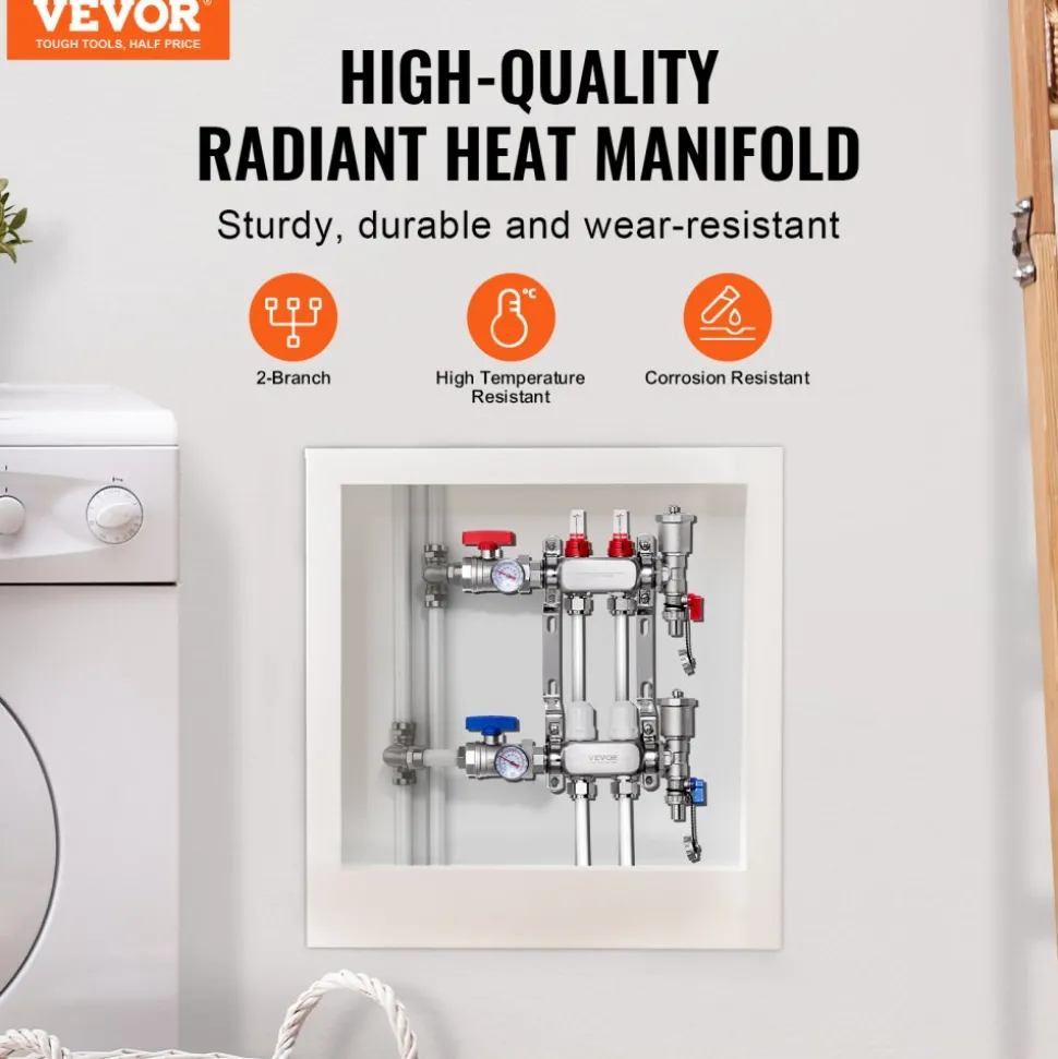 VEVOR 2-Branch Radiant Heat Manifold, 1/2" PEX Tubing Manifold, Stainless Steel PEX Manifold for Hydronic Radiant Floor Heating, Radiant Heat PEX Manifold Kit with 1/2" Adapters Included