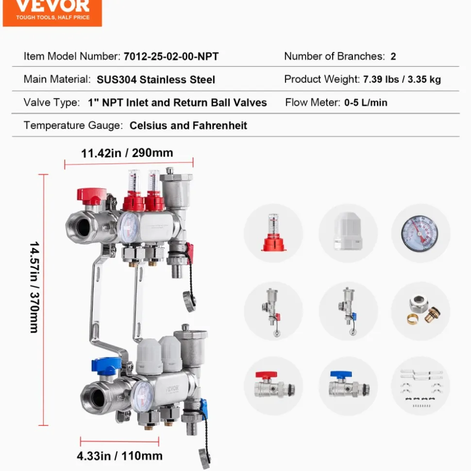 VEVOR 2-Branch Radiant Heat Manifold, 1/2" PEX Tubing Manifold, Stainless Steel PEX Manifold for Hydronic Radiant Floor Heating, Radiant Heat PEX Manifold Kit with 1/2" Adapters Included