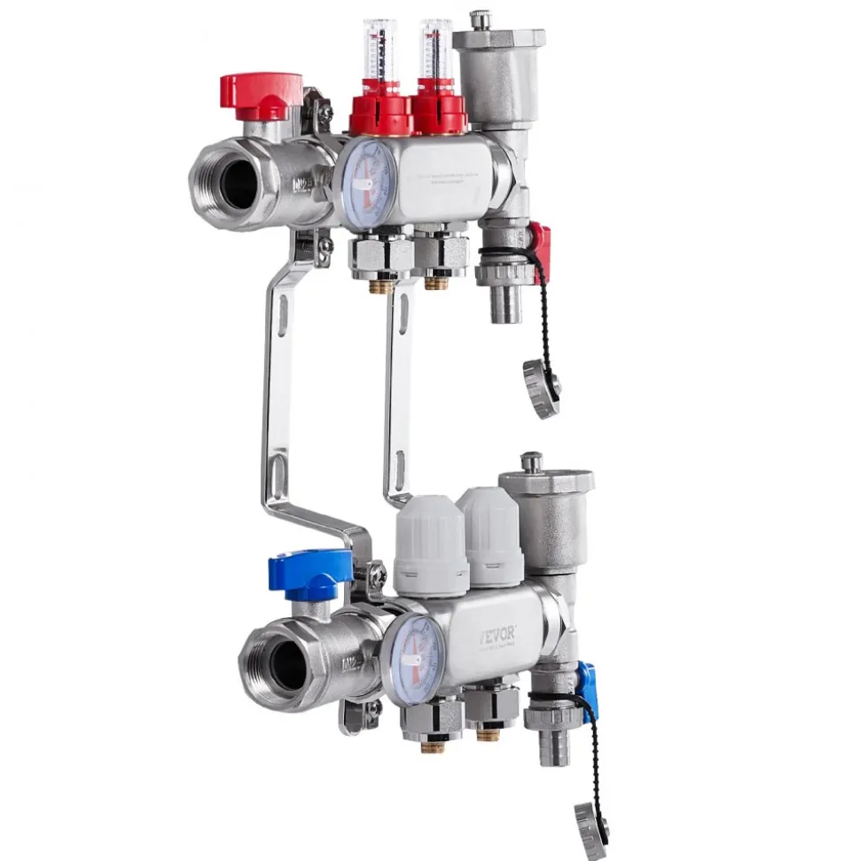 VEVOR 2-Branch Radiant Heat Manifold, 1/2" PEX Tubing Manifold, Stainless Steel PEX Manifold for Hydronic Radiant Floor Heating, Radiant Heat PEX Manifold Kit with 1/2" Adapters Included