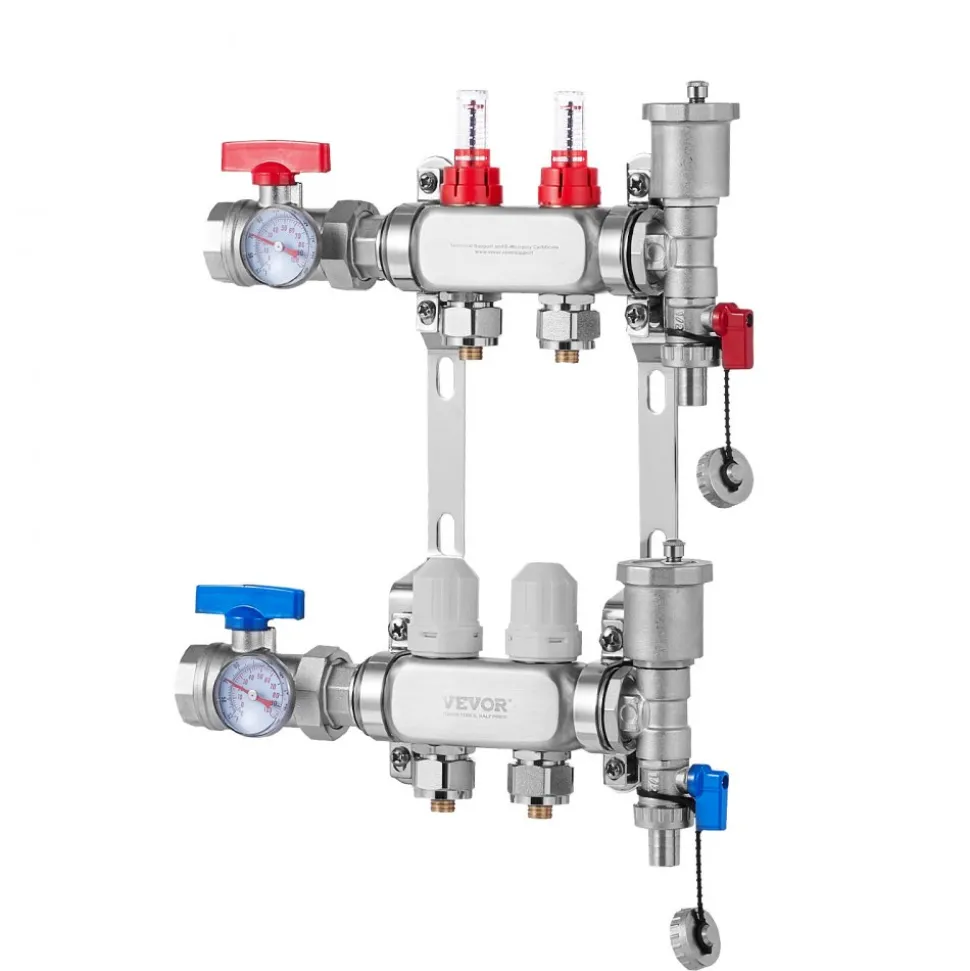 VEVOR 2-Branch Radiant Heat Manifold, 1/2" PEX Tubing Manifold, Stainless Steel PEX Manifold for Hydronic Radiant Floor Heating, Radiant Heat PEX Manifold Kit with 1/2" Adapters Included