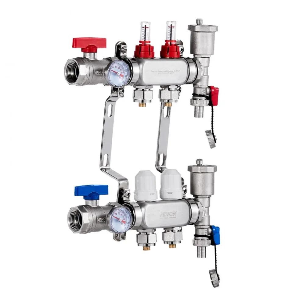 VEVOR 2-Branch Radiant Heat Manifold, 1/2" PEX Tubing Manifold, Stainless Steel PEX Manifold for Hydronic Radiant Floor Heating, Radiant Heat PEX Manifold Kit with 1/2" Adapters Included