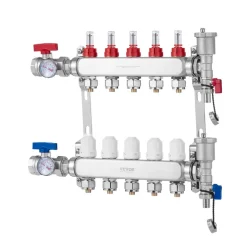 VEVOR 5-Branch Radiant Heat Manifold, 1/2" PEX Tubing Manifold, Stainless Steel PEX Manifold for Hydronic Radiant Floor Heating, Radiant Heat PEX Manifold Kit with 1/2" Adapters Included