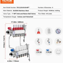 VEVOR 5-Branch Radiant Heat Manifold, 1/2