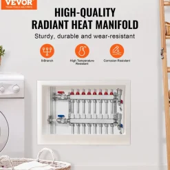 VEVOR 10-Branch Radiant Heat Manifold, 1/2" PEX Tubing Manifold, Stainless Steel PEX Manifold for Hydronic Radiant Floor Heating, Radiant Heat PEX Manifold Kit with 1/2" Adapters Included