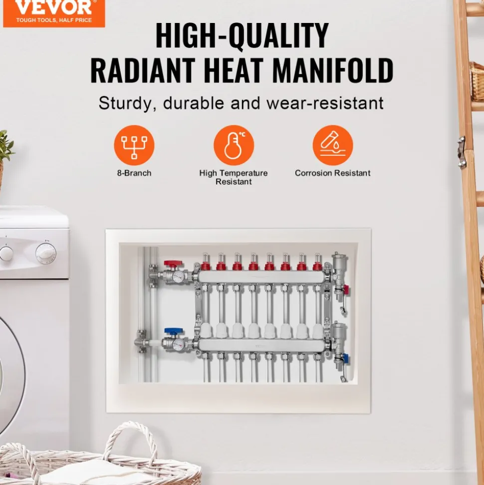 VEVOR 8-Branch Radiant Heat Manifold, 1/2" PEX Tubing Manifold, Stainless Steel PEX Manifold for Hydronic Radiant Floor Heating, Radiant Heat PEX Manifold Kit with 1/2" Adapters Included