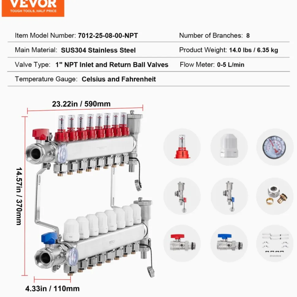 VEVOR 8-Branch Radiant Heat Manifold, 1/2" PEX Tubing Manifold, Stainless Steel PEX Manifold for Hydronic Radiant Floor Heating, Radiant Heat PEX Manifold Kit with 1/2" Adapters Included