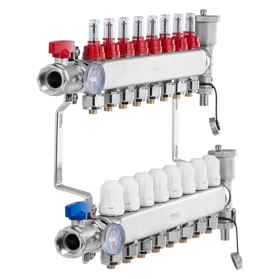 VEVOR 8-Branch Radiant Heat Manifold, 1/2" PEX Tubing Manifold, Stainless Steel PEX Manifold for Hydronic Radiant Floor Heating, Radiant Heat PEX Manifold Kit with 1/2" Adapters Included