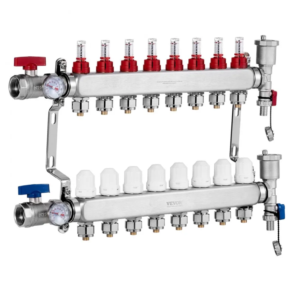VEVOR 8-Branch Radiant Heat Manifold, 1/2" PEX Tubing Manifold, Stainless Steel PEX Manifold for Hydronic Radiant Floor Heating, Radiant Heat PEX Manifold Kit with 1/2" Adapters Included