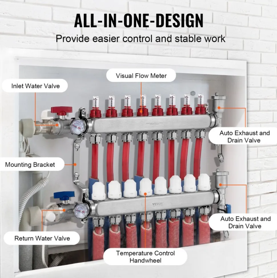 VEVOR 8-Branch Radiant Heat Manifold, 1/2" PEX Tubing Manifold, Stainless Steel PEX Manifold for Hydronic Radiant Floor Heating, Radiant Heat PEX Manifold Kit with 1/2" Adapters Included