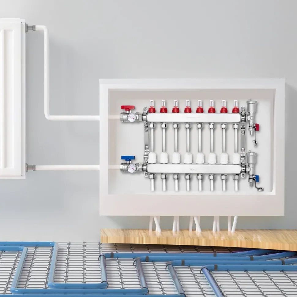 VEVOR 8-Branch Radiant Heat Manifold, 1/2" PEX Tubing Manifold, Stainless Steel PEX Manifold for Hydronic Radiant Floor Heating, Radiant Heat PEX Manifold Kit with 1/2" Adapters Included