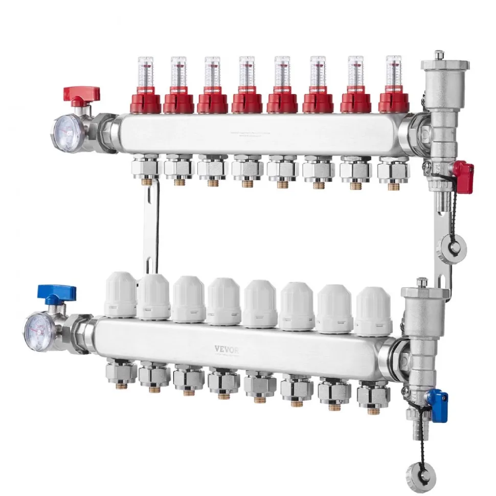 VEVOR 8-Branch Radiant Heat Manifold, 1/2" PEX Tubing Manifold, Stainless Steel PEX Manifold for Hydronic Radiant Floor Heating, Radiant Heat PEX Manifold Kit with 1/2" Adapters Included