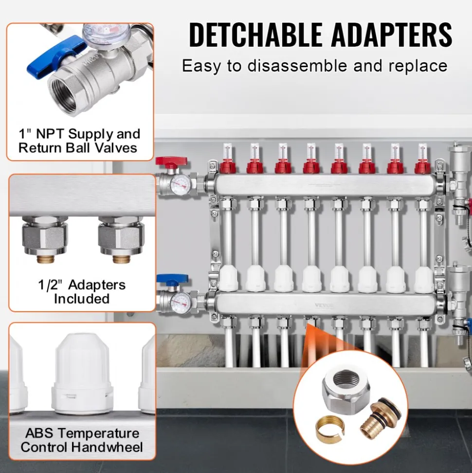 VEVOR 8-Branch Radiant Heat Manifold, 1/2" PEX Tubing Manifold, Stainless Steel PEX Manifold for Hydronic Radiant Floor Heating, Radiant Heat PEX Manifold Kit with 1/2" Adapters Included