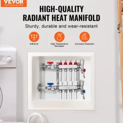 VEVOR 4-Branch Radiant Heat Manifold, 1/2" PEX Tubing Manifold, Stainless Steel PEX Manifold for Hydronic Radiant Floor Heating, Radiant Heat PEX Manifold Kit with 1/2" Adapters Included