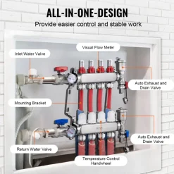VEVOR 4-Branch Radiant Heat Manifold, 1/2" PEX Tubing Manifold, Stainless Steel PEX Manifold for Hydronic Radiant Floor Heating, Radiant Heat PEX Manifold Kit with 1/2" Adapters Included