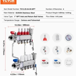 VEVOR 4-Branch Radiant Heat Manifold, 1/2