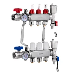 VEVOR 3-Branch Radiant Heat Manifold, 1/2" PEX Tubing Manifold, Stainless Steel PEX Manifold for Hydronic Radiant Floor Heating, Radiant Heat PEX Manifold Kit with 1/2" Adapters Included