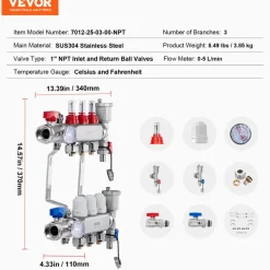 VEVOR 3-Branch Radiant Heat Manifold, 1/2