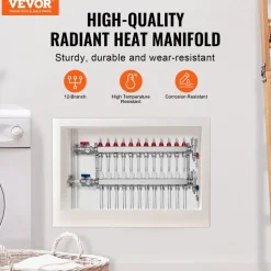 VEVOR 12-Branch Radiant Heat Manifold, 1/2" PEX Tubing Manifold, Stainless Steel PEX Manifold for Hydronic Radiant Floor Heating, Radiant Heat PEX Manifold Kit with 1/2" Adapters Included
