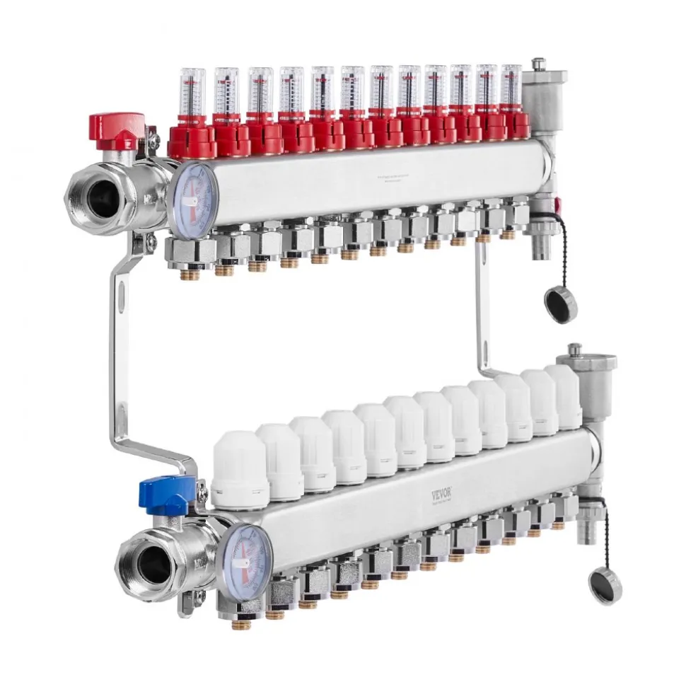 VEVOR 12-Branch Radiant Heat Manifold, 1/2" PEX Tubing Manifold, Stainless Steel PEX Manifold for Hydronic Radiant Floor Heating, Radiant Heat PEX Manifold Kit with 1/2" Adapters Included